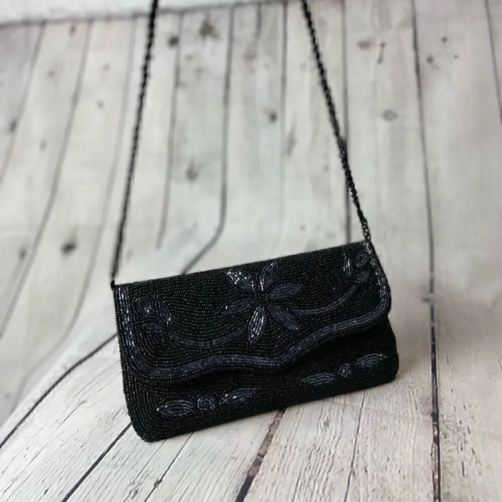 Handmade Fashion Women Clutch with Black Beads, Chain and Zipper Pouch